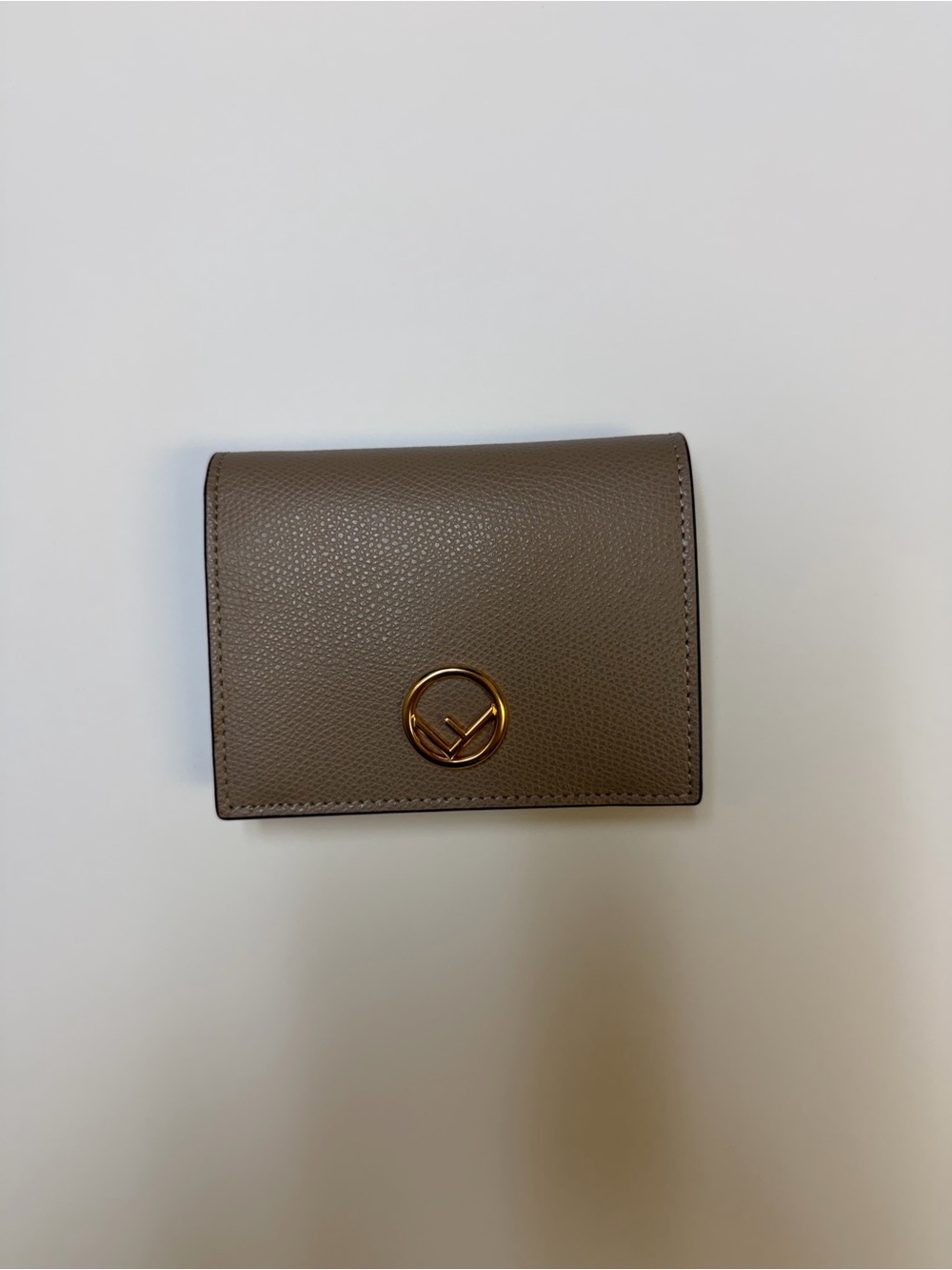 Fendi Taupe Leather Compact Wallet with Gold Accent